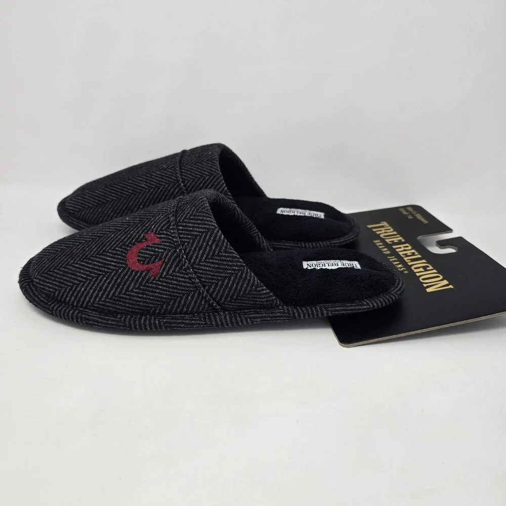 True Religion Slippers Mens Size‎ 7-8 Small Gray Herringbone Slip On Fleece